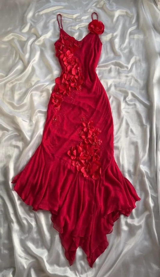 Cute High Low Spaghetti Straps Red Chiffon Layers Prom Dresses Evening Dress HZ1024