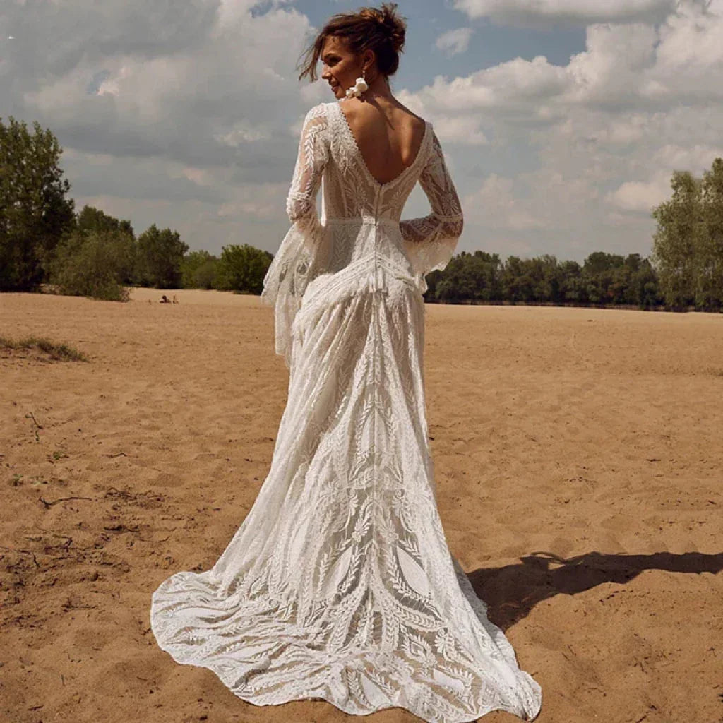 LISER Bohemian Style Long Sleeved Deep V Beach Wedding Dress