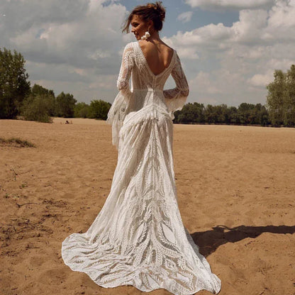 LISER Bohemian Style Long Sleeved Deep V Beach Wedding Dress