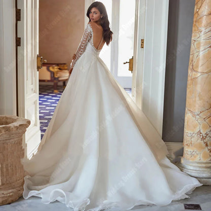 Elegant V-Neck Wedding Dress for Women A-Line Backless Gowns