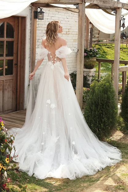 Boho Off The Shoulder V-Neck A-Line Wedding Dresses Formal Plus Size Bridal Gowns