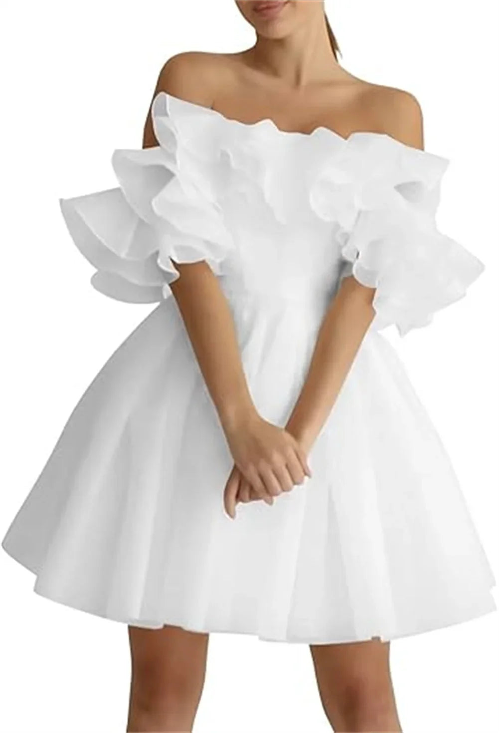 White Mini Wedding Dress For Bride Plus Size A Line Off Shoulder Ruffle Gowns