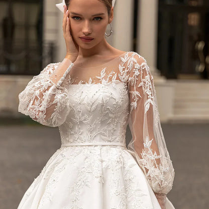 Classic Wedding Dresses Women O-Neck Full Sleeves Bride Gown Applique A-Line Occasion