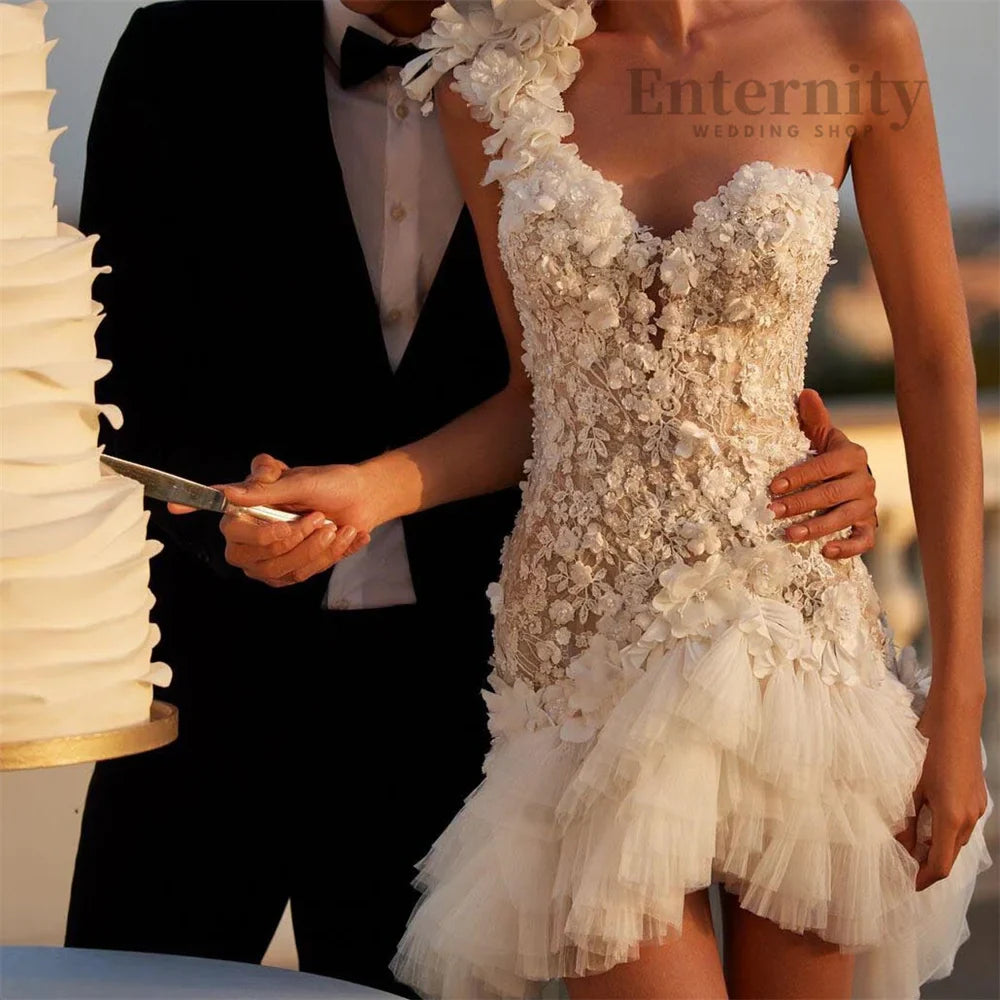 Customized A Line Applique Beading Wedding Dress Button Sexy V-neck One Shoulder Short Bridal Gown
