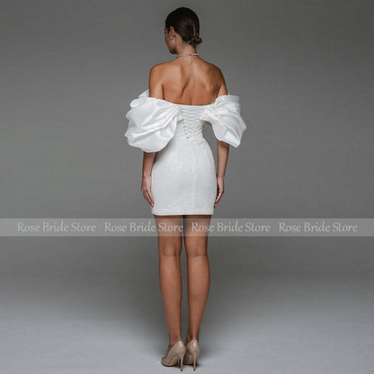Short Wedding Dress for Bride Off the Shoulder Mini Gown Sheath Backless Glitter Bridal Dress