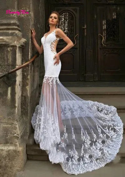 Modern Short Mermaid Wedding Dress with Detachable Train Bridal Gown