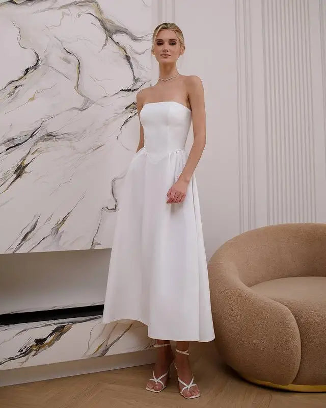 Simple Strapless Tea Length Satin A Line Wedding Dress Custom Made Bridal Gown