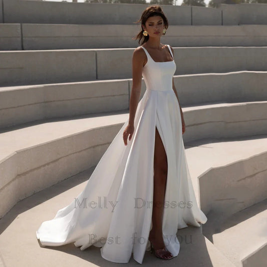 Simple Square Neck Wedding Dresses With Side Slit Elegant Bridal Gown Open Back Design