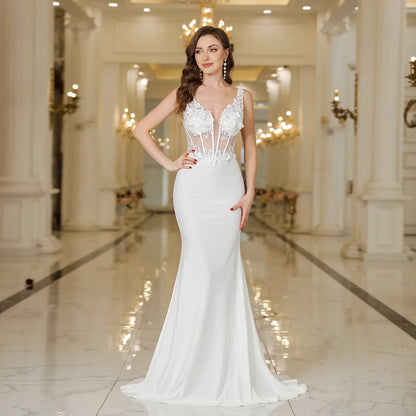 MisShow Elegant Straps Mermaid Wedding Dresses Lace Pearls Backless V Neck Sleeveless Gowns