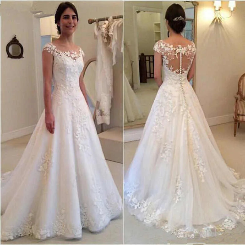 White Elegant Appliqued Wedding Dresses Sheer Back Cap Sleeves A-line Gown
