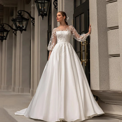 Classic Wedding Dresses Women O-Neck Full Sleeves Bride Gown Applique A-Line Occasion