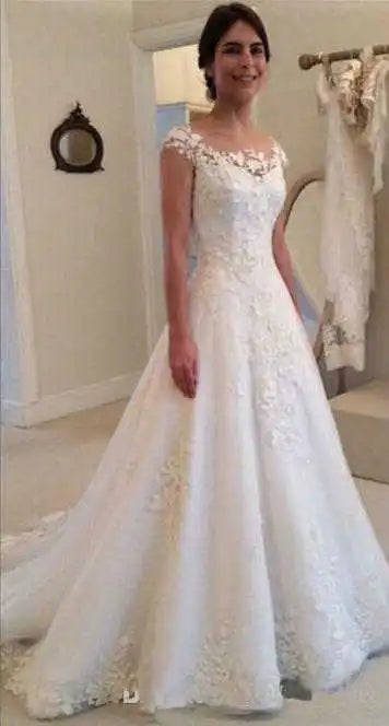 White Elegant Appliqued Wedding Dresses Sheer Back Cap Sleeves A-line Gown