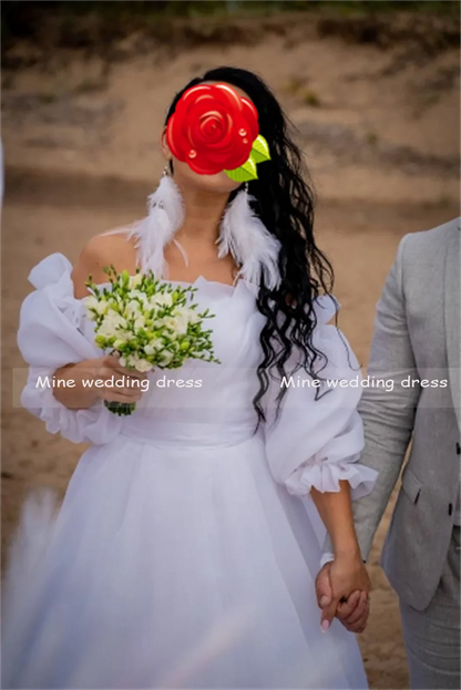 Customized Boat Neck Detachable Puff Sleeve A-Line Wedding Dresses