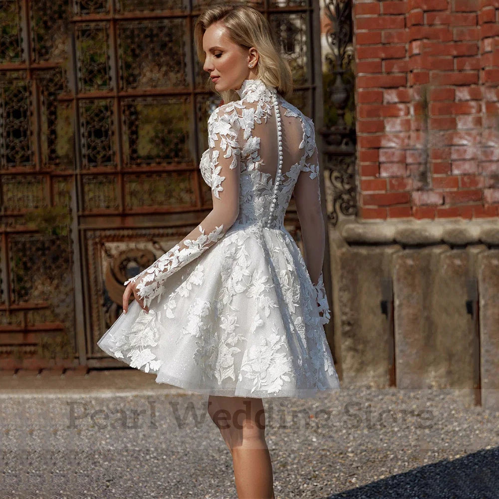 Charming Short Wedding Dress Illusion Applique A-Line Gowns