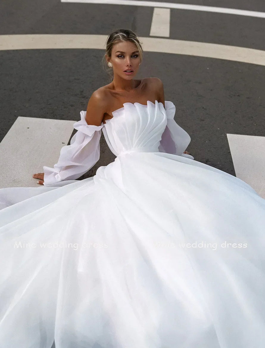 Customized Boat Neck Detachable Puff Sleeve A-Line Wedding Dresses