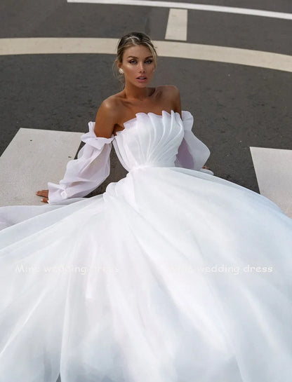 Customized Boat Neck Detachable Puff Sleeve A-Line Wedding Dresses