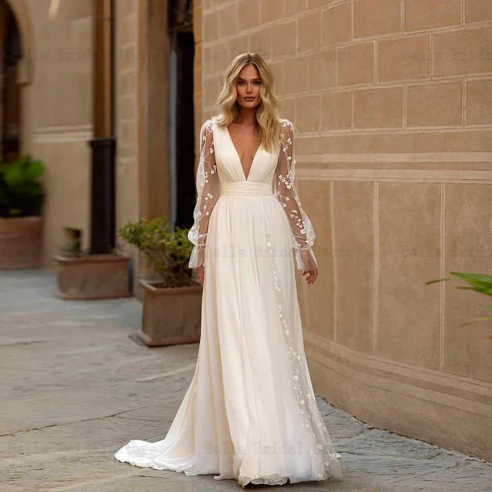 Customized Sexy Wedding Dresses Deep V Neck Bridal Gowns Backless Appliques A-Line Sweep Train Chiffon