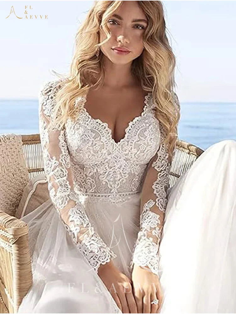 Bohemian Long Sleeves Wedding Dress Corset Low Back Gown