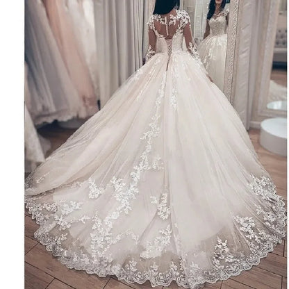 Princess Ball Gown Wedding Dress Long Sleeve Plus Size Lace Beading Bridal Gown