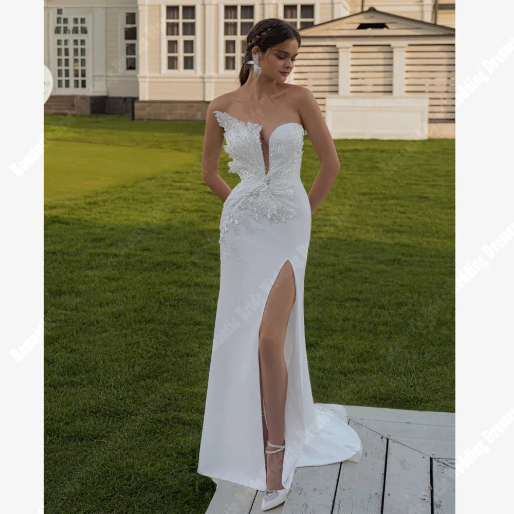 Celebrity Satin Mermaid Women Bridal Gowns Floral Print Wedding Dresses