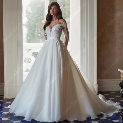 Elegant V-Neck Wedding Dress for Women A-Line Backless Gowns