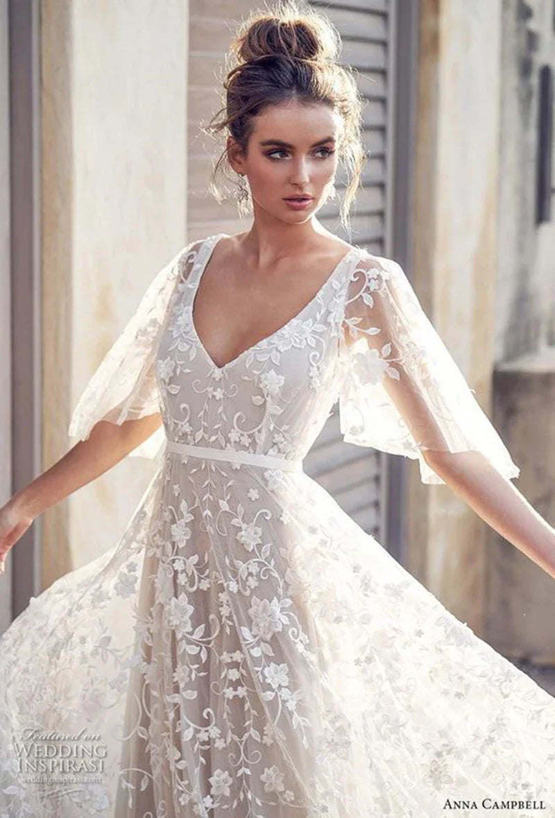 Elegant Women White Lace Wedding Dresses Flare Sleeves Mermaid Gown
