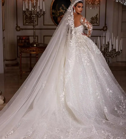 Customized Princess Wedding Dresses Vintage Bridal Gown Elegant Luxury Beading Tulle Long Sleeves