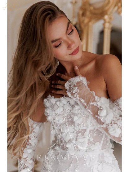 Luxury Beaded Short Wedding Dresses Lace Floral Appliques Long Sleeves Bridal Gown Mini Party Dress Customized