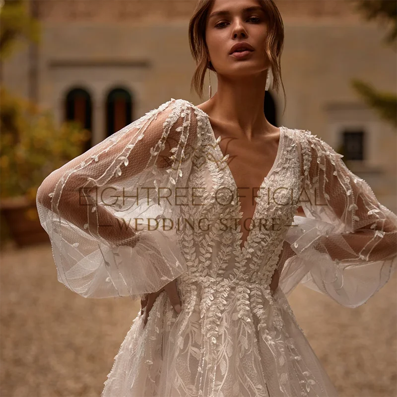 Eightree Elegant Wedding Dresses A-Line V Neck Puff Sleeve Gowns