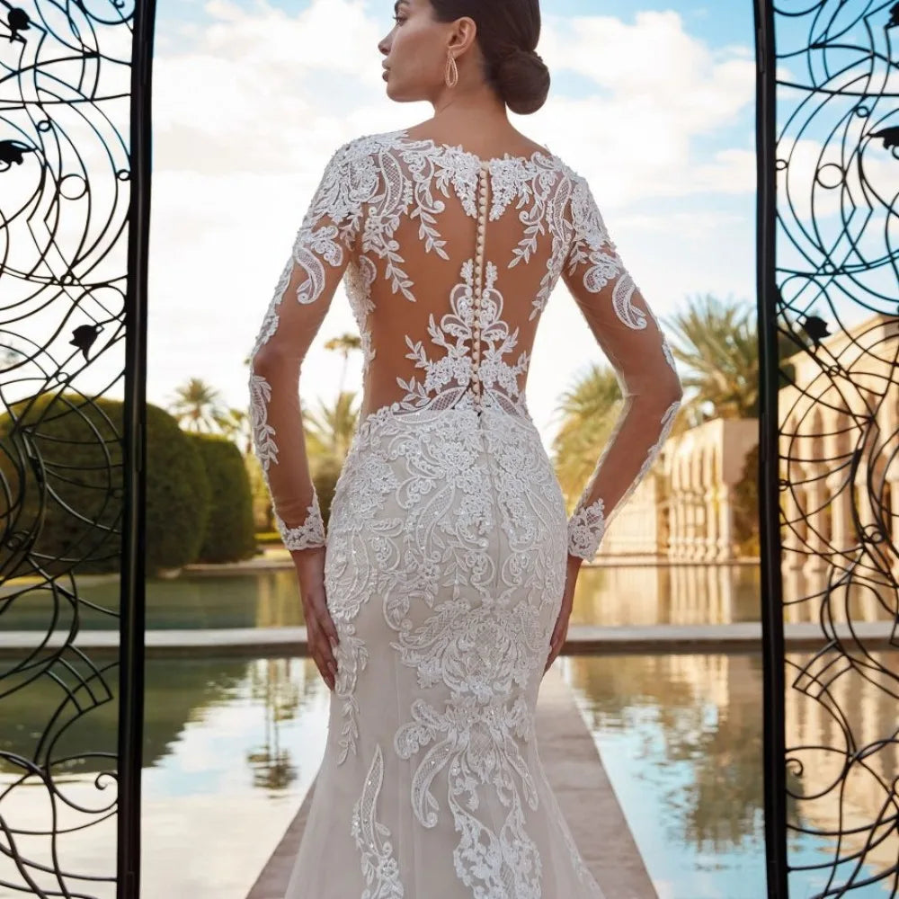 Boho Sheer O-neck Mermaid Wedding Dress with Lace Appliques