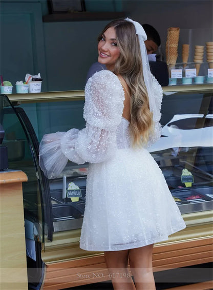 Sweetheart Beaded Sequins Elegant Wedding Dresses for Bride A-line Mini Gown with Sleeve