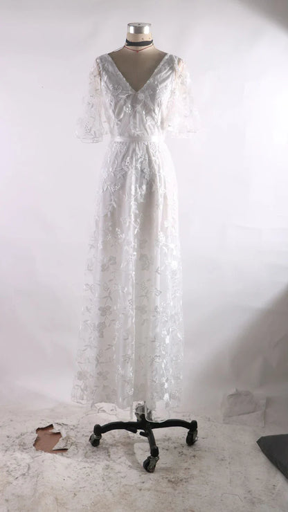 Elegant Women White Lace Wedding Dresses Flare Sleeves Mermaid Gown