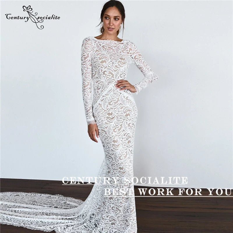 Backless Mermaid Wedding Dresses Boho Long Sleeve Lace Bridal Gown