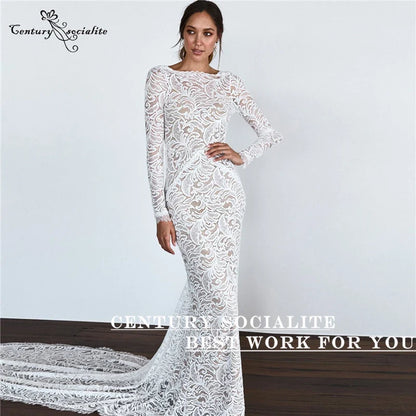 Backless Mermaid Wedding Dresses Boho Long Sleeve Lace Bridal Gown