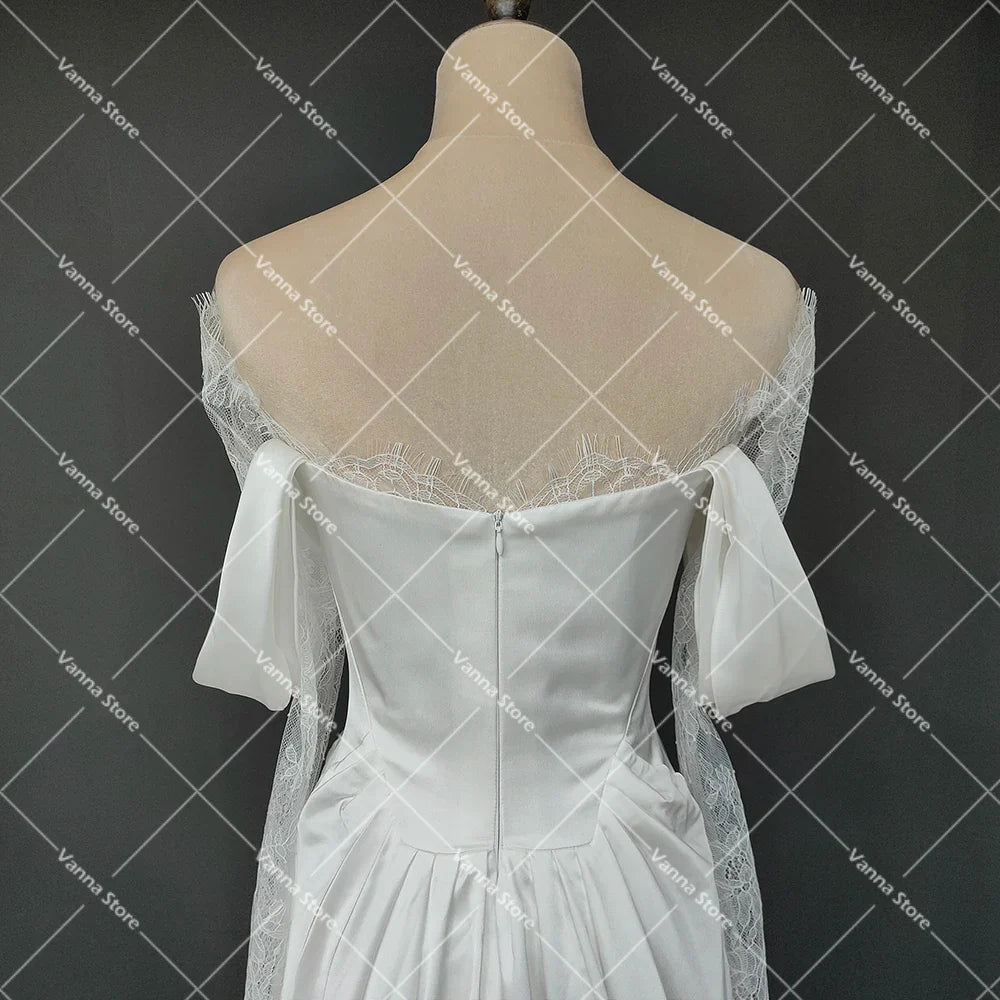 Customized Illusion Tulle Off Shoulder Lace Wedding Gowns A Line Long Sleeves Ruched Satin Bridal Dress