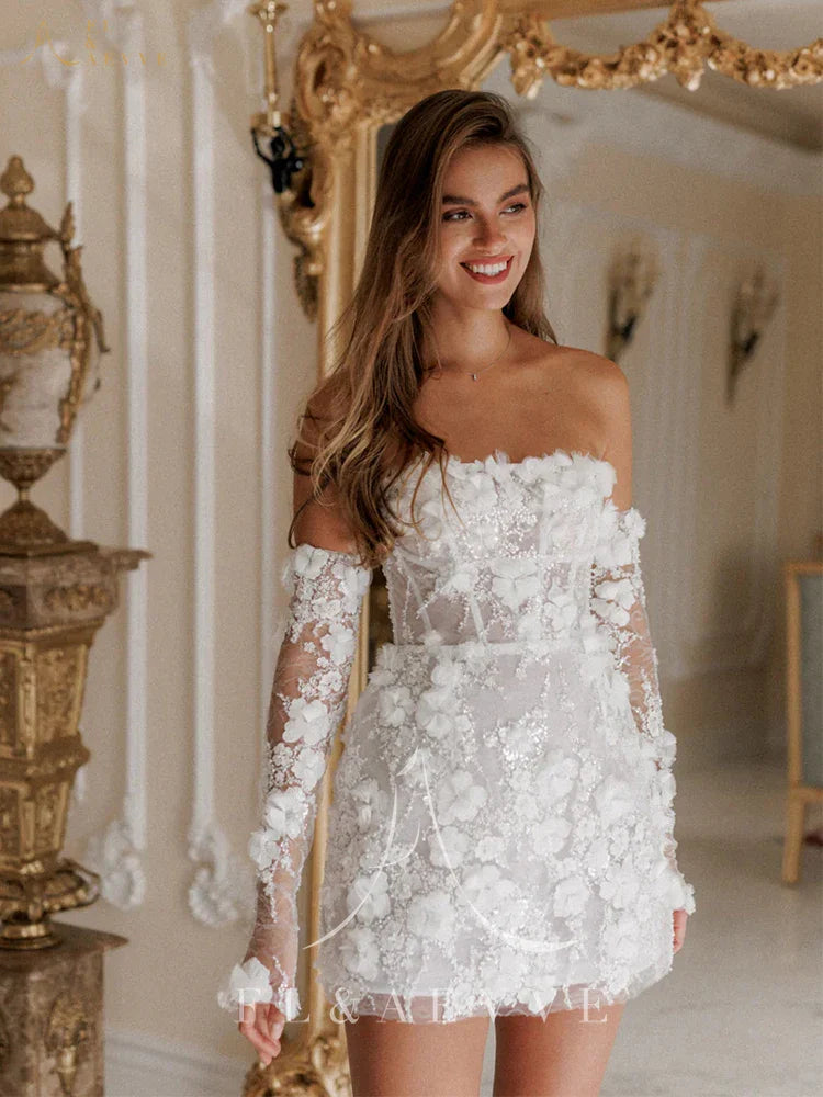Luxury Beaded Short Wedding Dresses Lace Floral Appliques Long Sleeves Bridal Gown Mini Party Dress Customized