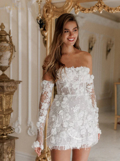 Luxury Beaded Short Wedding Dresses Lace Floral Appliques Long Sleeves Bridal Gown Mini Party Dress Customized