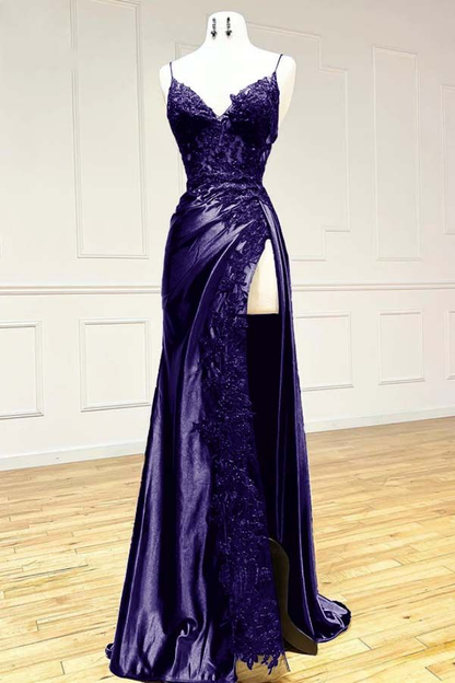 Elegant Burgundy Satin Appliques Evening Dress Slit Prom Party Dress cc1795