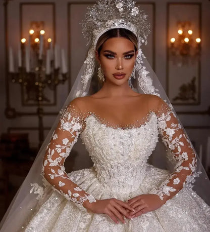 Customized Luxury Wedding Dresses Long Sleeves Sequins Beads Appliques Tulle Bride Gowns