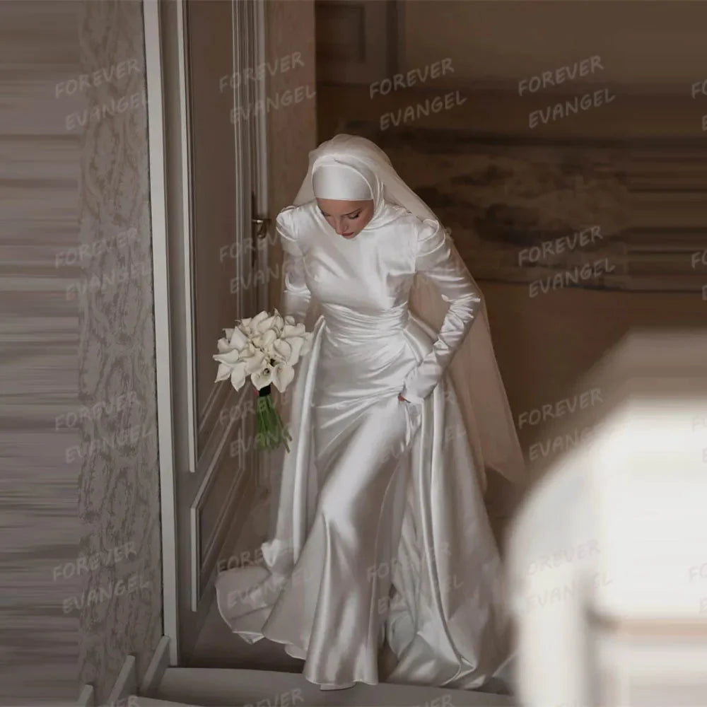Luxury Muslim Wedding Dresses Mermaid Long Sleeve Satin Bride Gowns Elegant Customized