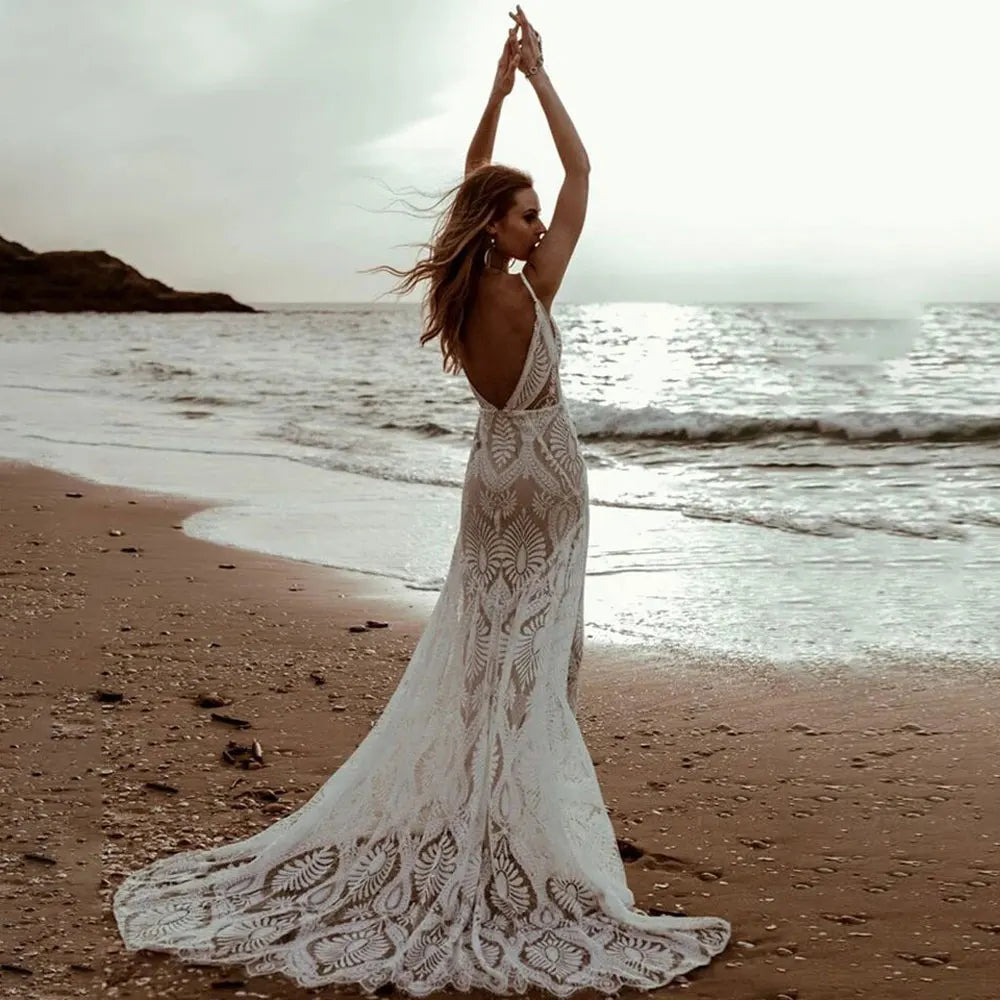 Customized Boho Sexy Lace V Neck Beach Mermaid Wedding Dresses
