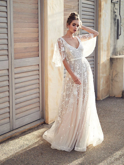 Elegant Women White Lace Wedding Dresses Flare Sleeves Mermaid Gown