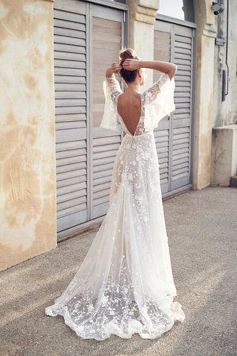 Elegant Women White Lace Wedding Dresses Flare Sleeves Mermaid Gown