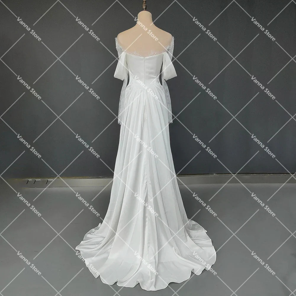 Customized Illusion Tulle Off Shoulder Lace Wedding Gowns A Line Long Sleeves Ruched Satin Bridal Dress