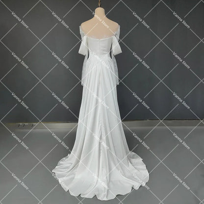 Customized Illusion Tulle Off Shoulder Lace Wedding Gowns A Line Long Sleeves Ruched Satin Bridal Dress