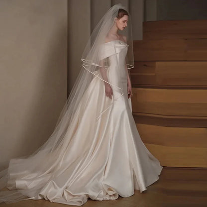 Off The Shoulder Short Sleeve Sweetheart Neck Beading Bow Satin Mermaid Wedding Dress With Detachable Train