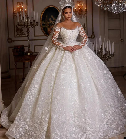 Customized Luxury Wedding Dresses Long Sleeves Sequins Beads Appliques Tulle Bride Gowns
