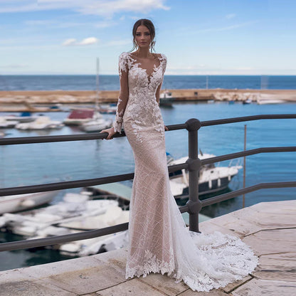 Customized Sexy Backless Long Sleeve Lace Mermaid Wedding Dress Elegant V-Neck Beach Bride Dress