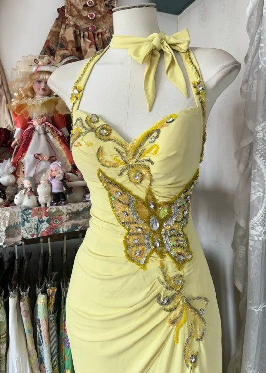 Elegant Yellow Halter Satin Beaded Sequins Evening Dress,Long Mermaid Party Prom Dress cc2999