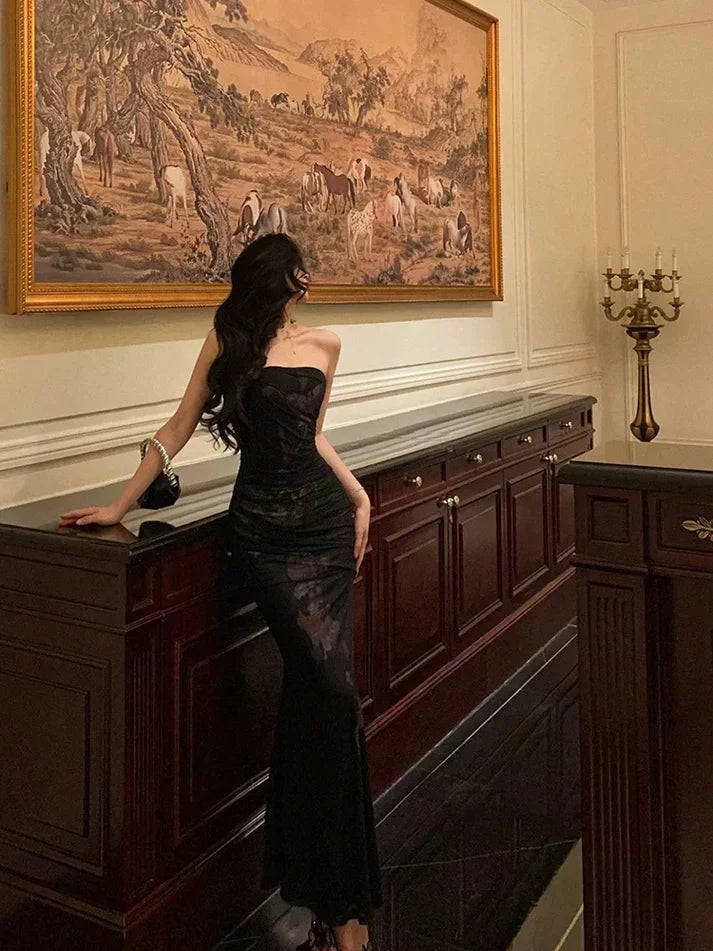 Vintage Black Strapless Floral Applique Design Elegant Sheath Evening Dress Prom Dress HZ1024